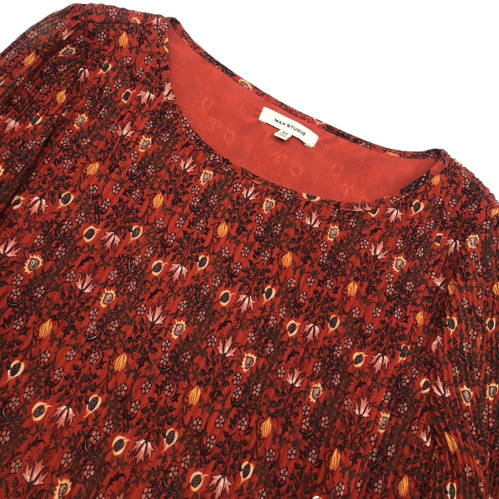 Max Studio Boho Micro Pleat Floral Tunic Blouse Top Red Size M Career Classic